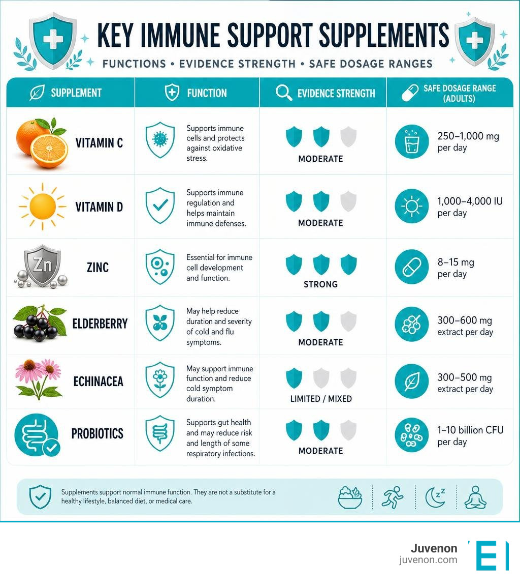Key immune support supplements, their functions, evidence strength, and safe dosage ranges infographic Key immune support supplements, their functions, evidence strength, and safe dosage ranges infographic