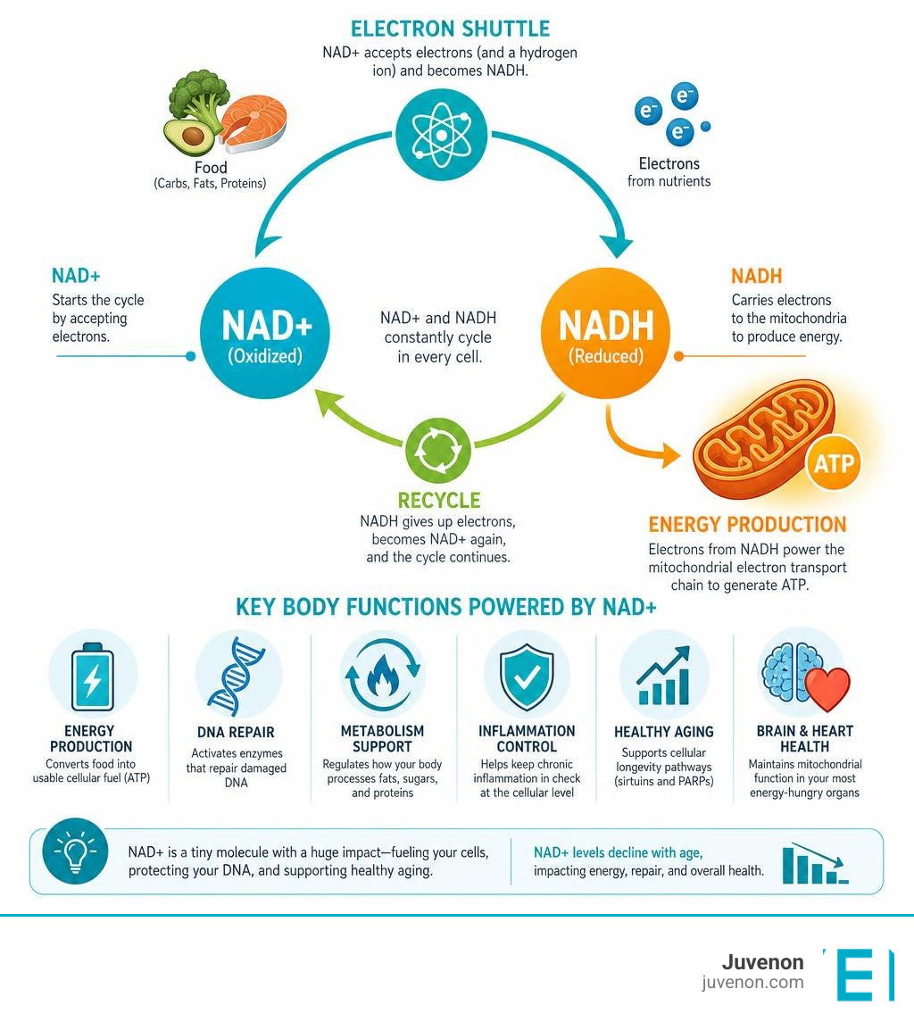NAD+ versus NADH cycle infographic showing electron shuttle, energy production, and key body functions infographic NAD+ versus NADH cycle infographic showing electron shuttle, energy production, and key body functions infographic