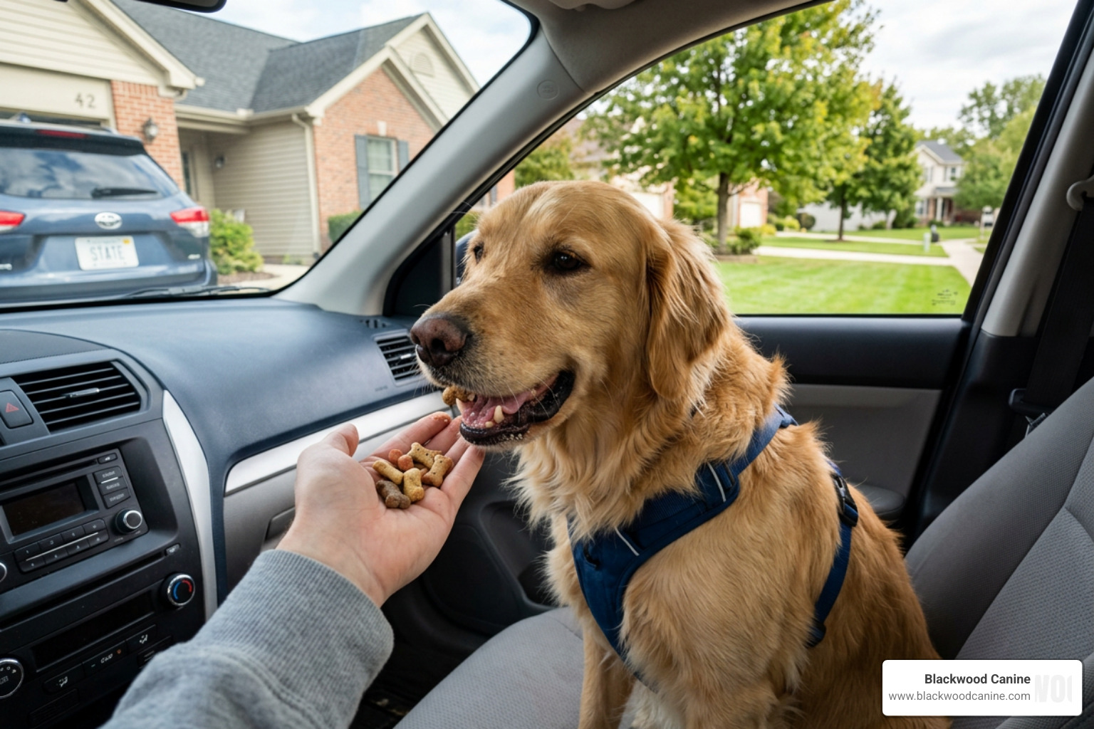 dog eating treats in a parked car