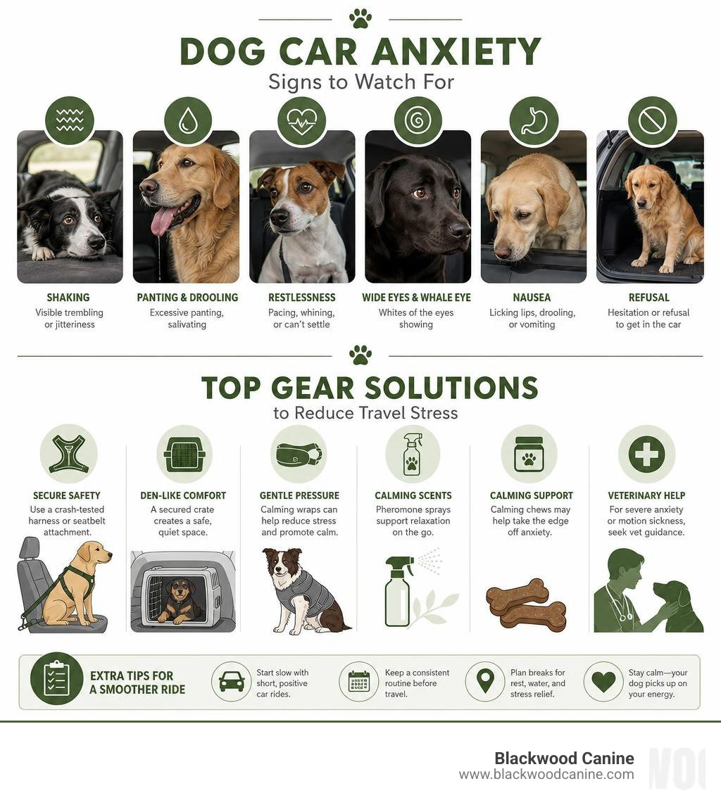 Infographic showing signs of dog car anxiety and top gear solutions to reduce travel stress infographic