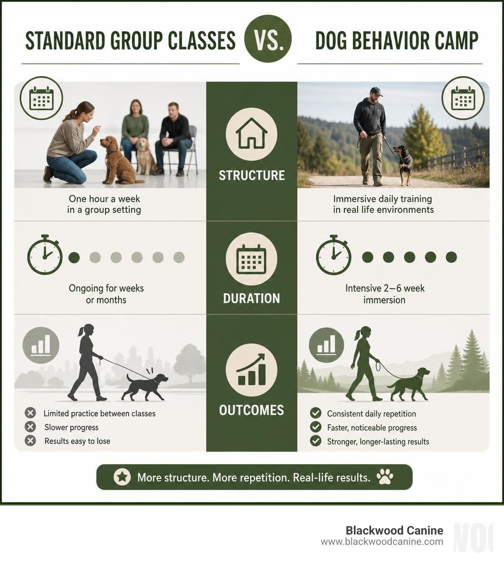 infographic comparing standard group classes vs dog behavior camp structure, duration, and outcomes infographic infographic comparing standard group classes vs dog behavior camp structure, duration, and outcomes infographic
