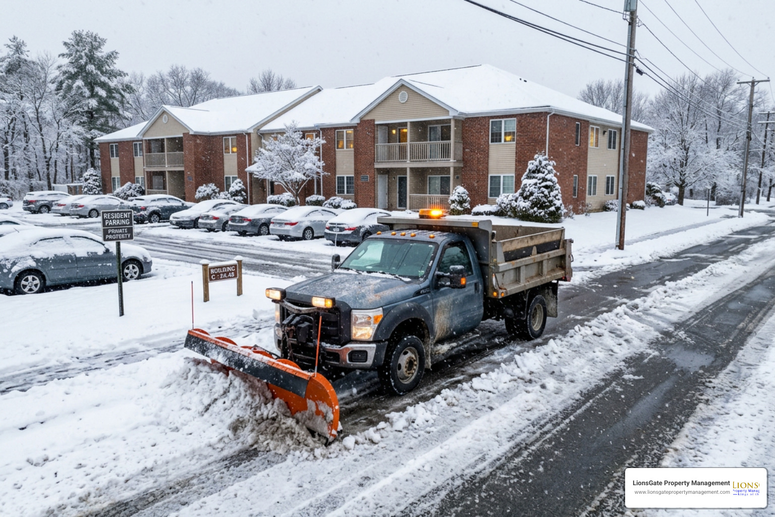 Professional snowplow clearing a multi-family parking lot in Rhode Island Professional snowplow clearing a multi-family parking lot in Rhode Island