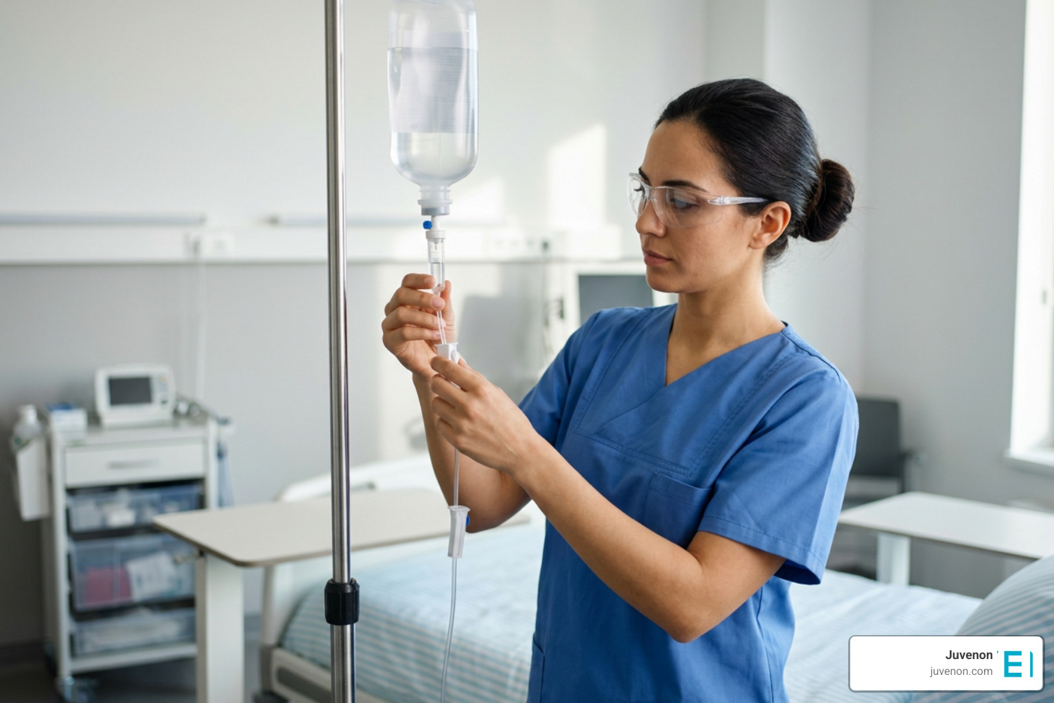 healthcare professional adjusting the drip rate of an IV infusion bag