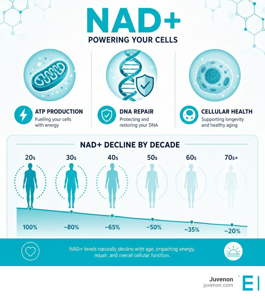 NAD+ cellular role infographic showing ATP production, DNA repair, and age-related decline by decade infographic