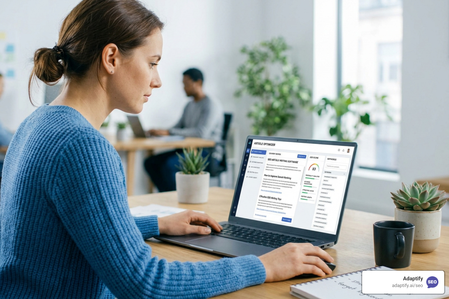 SEO software dashboard showing SERP analysis and optimization score