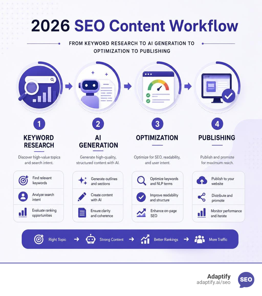 2026 SEO content workflow from keyword research to AI generation to optimization to publishing infographic