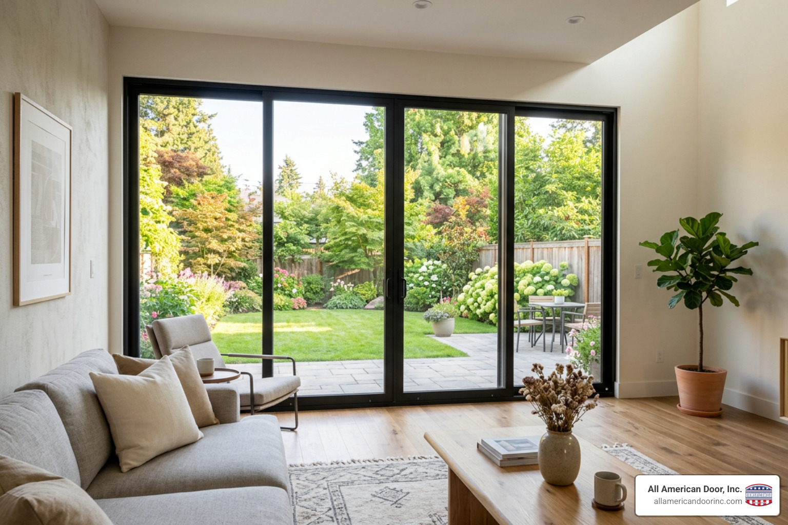A beautifully installed modern sliding patio door in a bright living room A beautifully installed modern sliding patio door in a bright living room