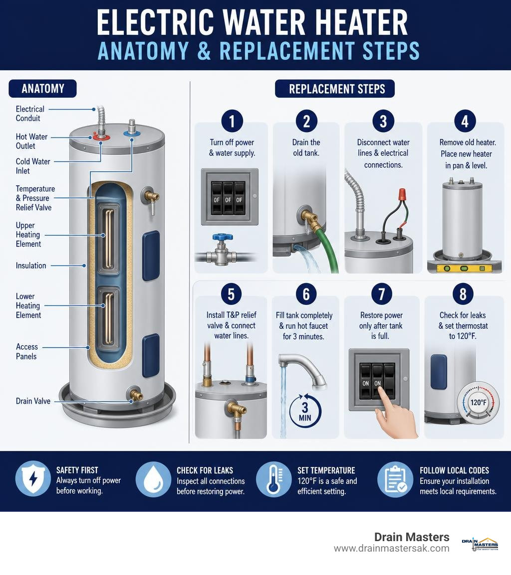 infographic showing anatomy and replacement steps of a standard electric water heater infographic infographic showing anatomy and replacement steps of a standard electric water heater infographic