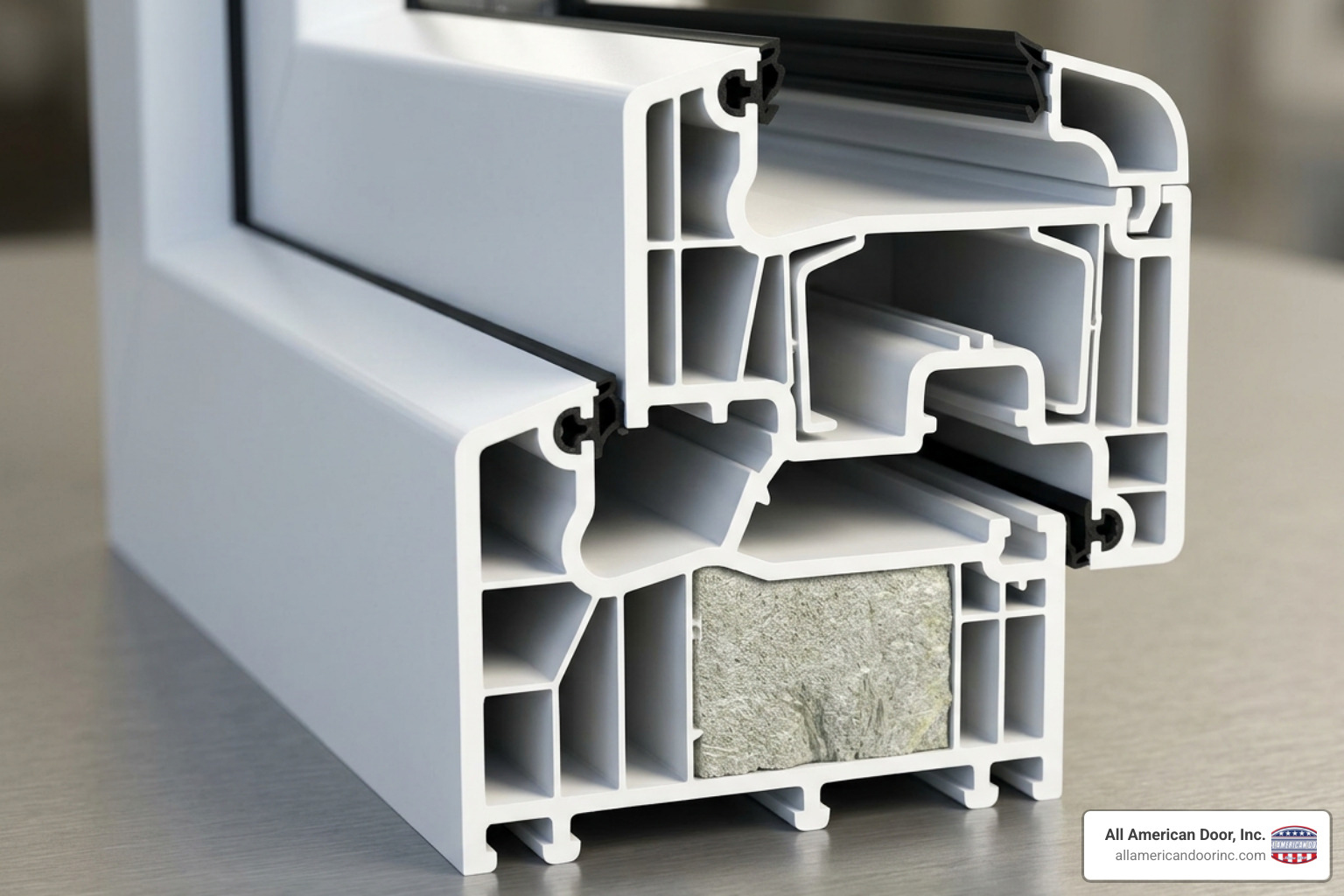 Cross-section of premium multi-chambered vinyl window frame with foam insulation Cross-section of premium multi-chambered vinyl window frame with foam insulation