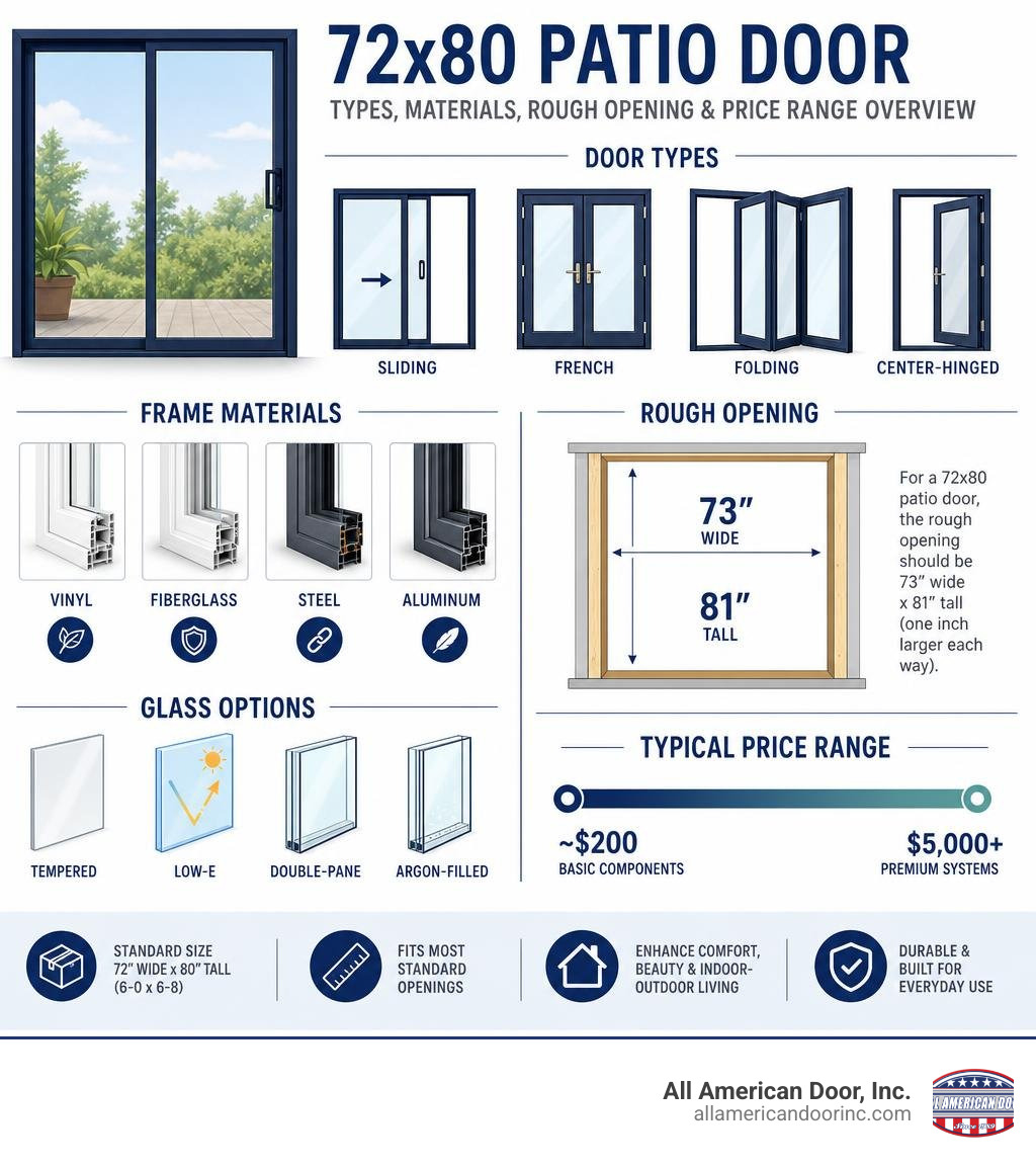 Infographic: 72x80 patio door types, materials, rough opening, and price range overview infographic Infographic: 72x80 patio door types, materials, rough opening, and price range overview infographic