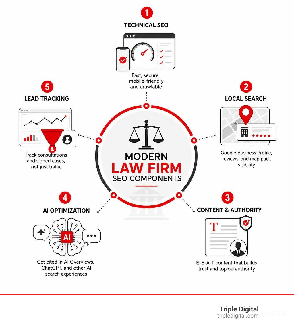 Modern law firm SEO components: technical SEO, local search, content, AI optimization, and lead tracking infographic