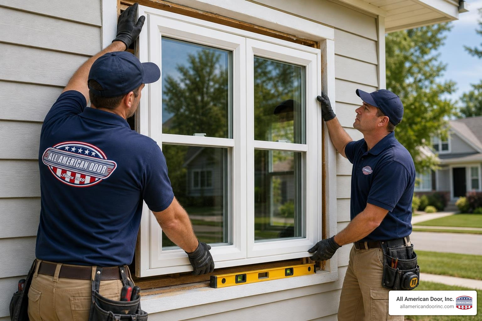 Professional window installers fitting a vinyl casement window in a residential home Professional window installers fitting a vinyl casement window in a residential home