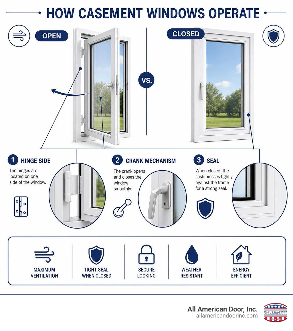 How casement windows operate, open vs closed, hinge side, crank mechanism, and seal infographic How casement windows operate, open vs closed, hinge side, crank mechanism, and seal infographic