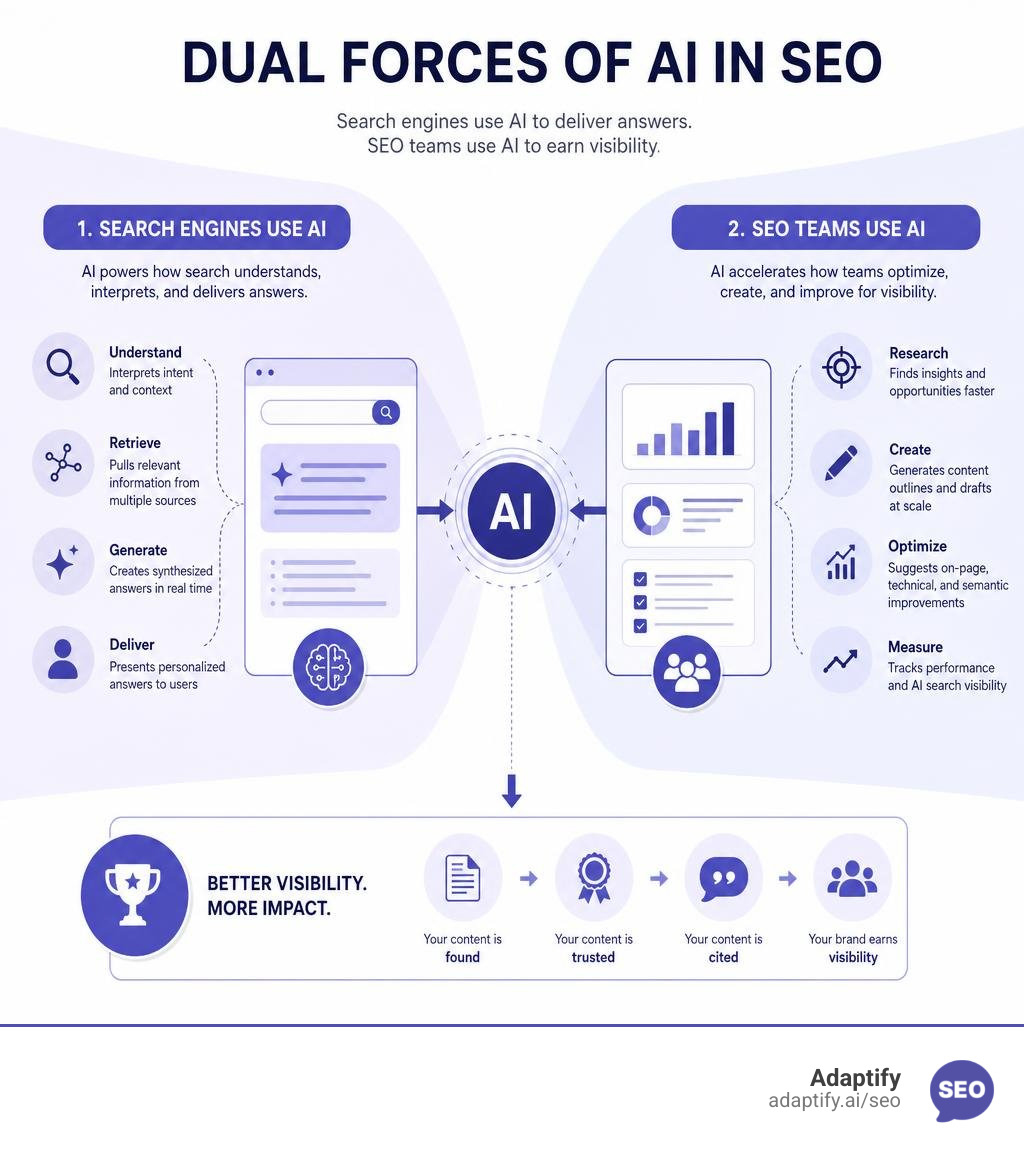 Dual forces of AI in SEO — search engines using AI and SEO teams using AI to optimize for those engines infographic