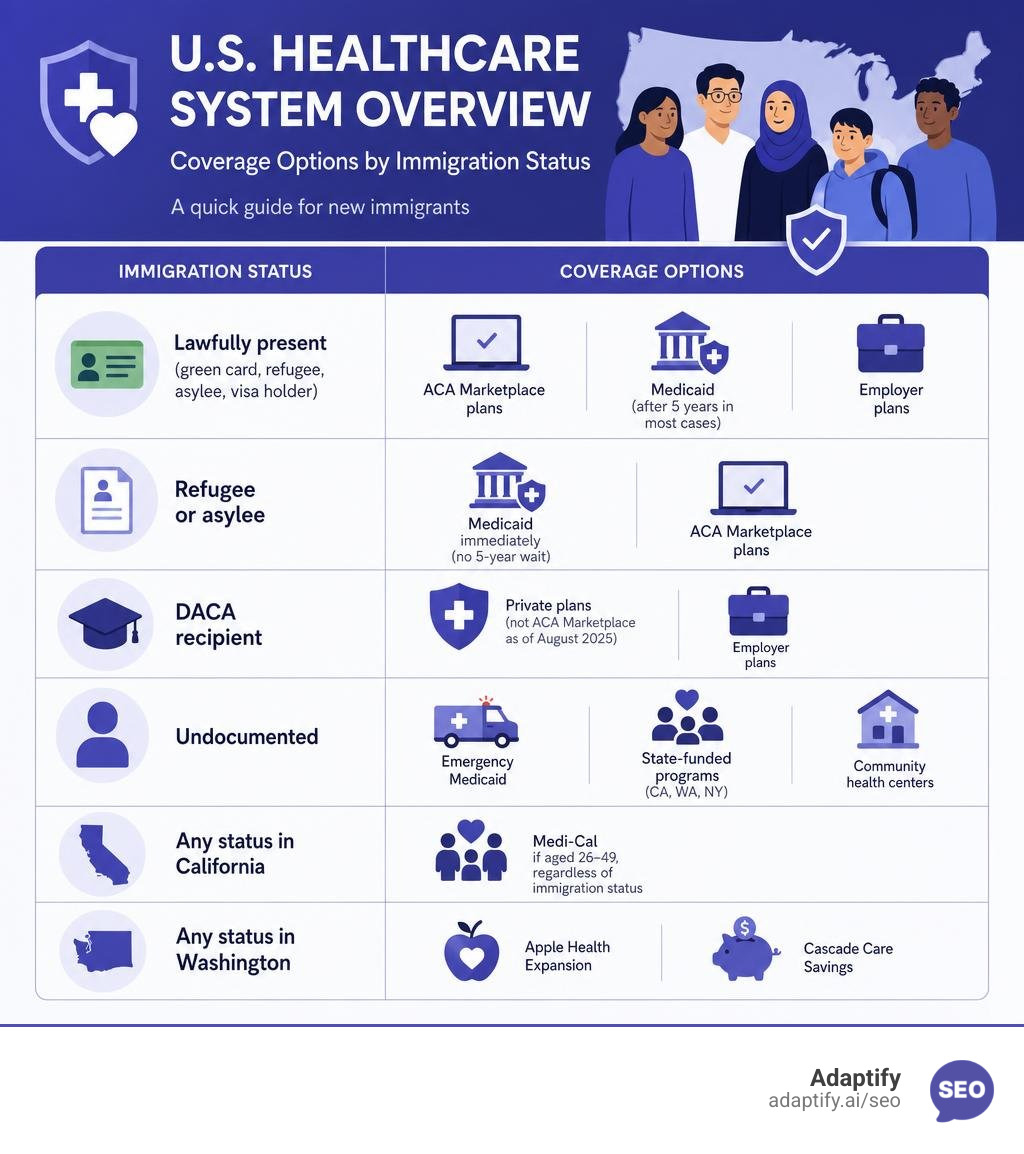 US healthcare system overview for new immigrants showing coverage options by immigration status infographic