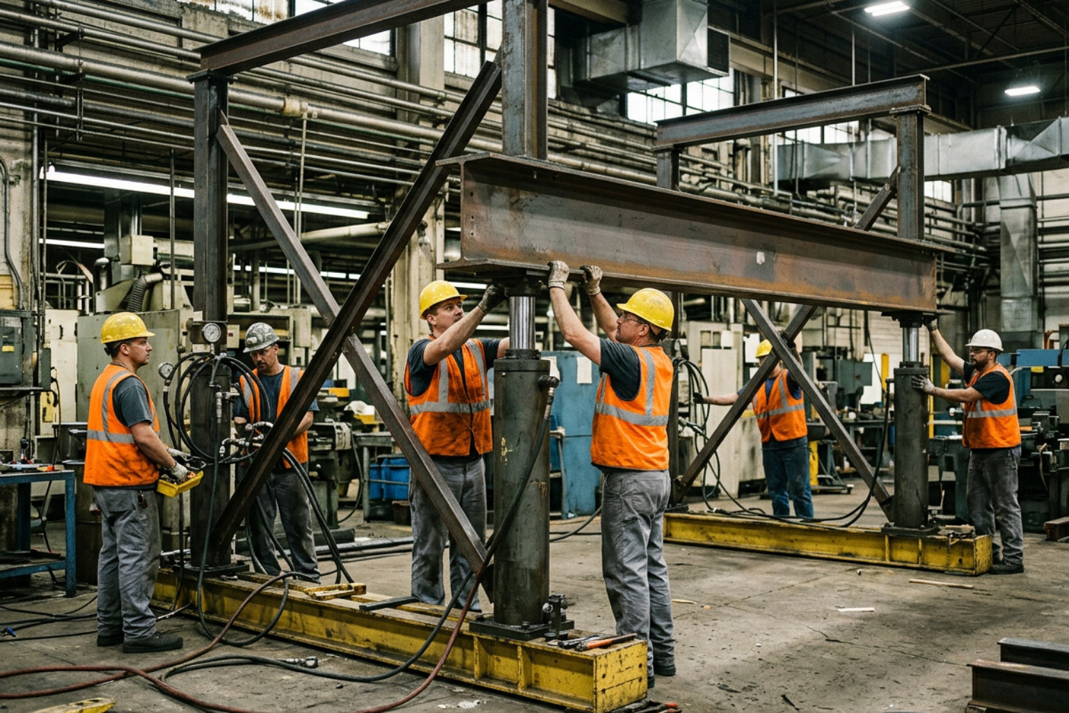 Rigging crew setting up a hydraulic gantry system inside a low-clearance manufacturing plant