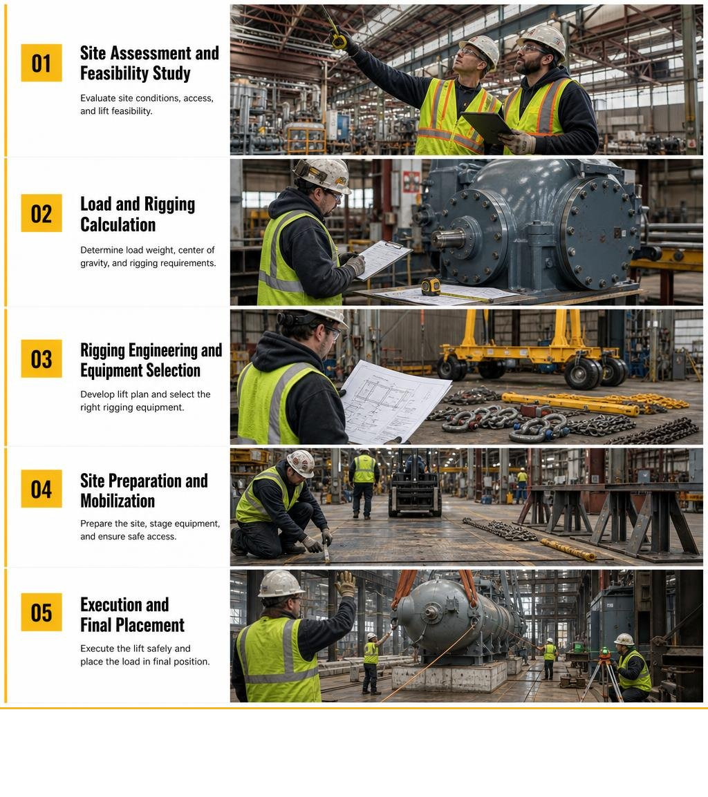 Step-by-step heavy lift rigging process flow chart from planning to final placement