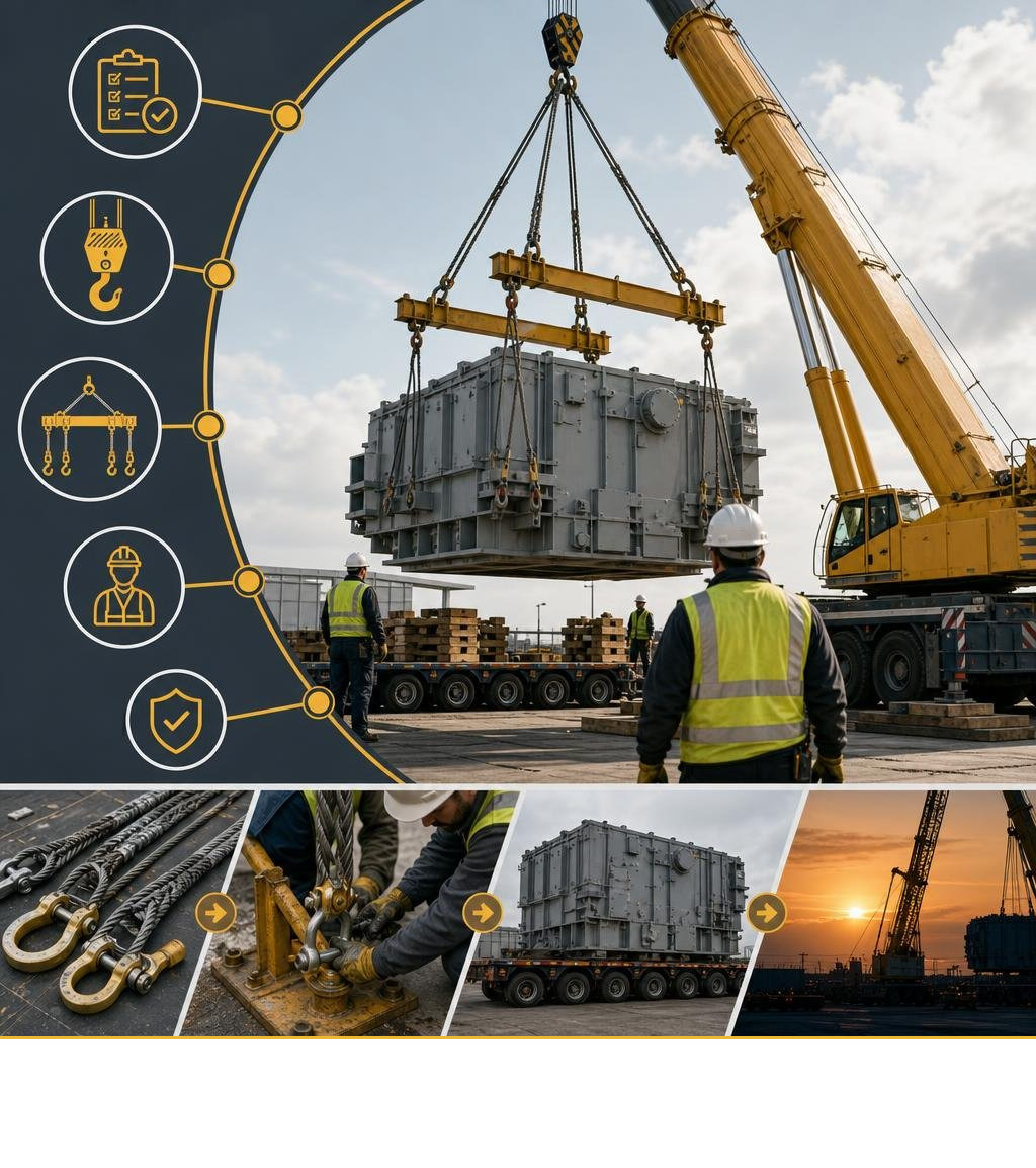 Heavy lift rigging safety workflow: from site assessment to load-out, key steps and standards infographic