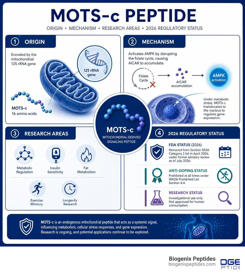 Infographic summarizing MOTS-c peptide origin, mechanism, research areas, and 2026 regulatory status infographic Infographic summarizing MOTS-c peptide origin, mechanism, research areas, and 2026 regulatory status infographic
