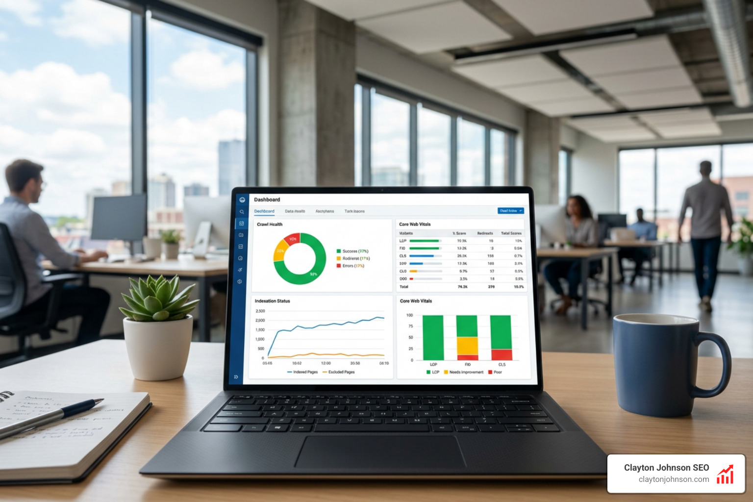 Technical SEO audit dashboard showing crawl health, indexation status, and Core Web Vitals Technical SEO audit dashboard showing crawl health, indexation status, and Core Web Vitals