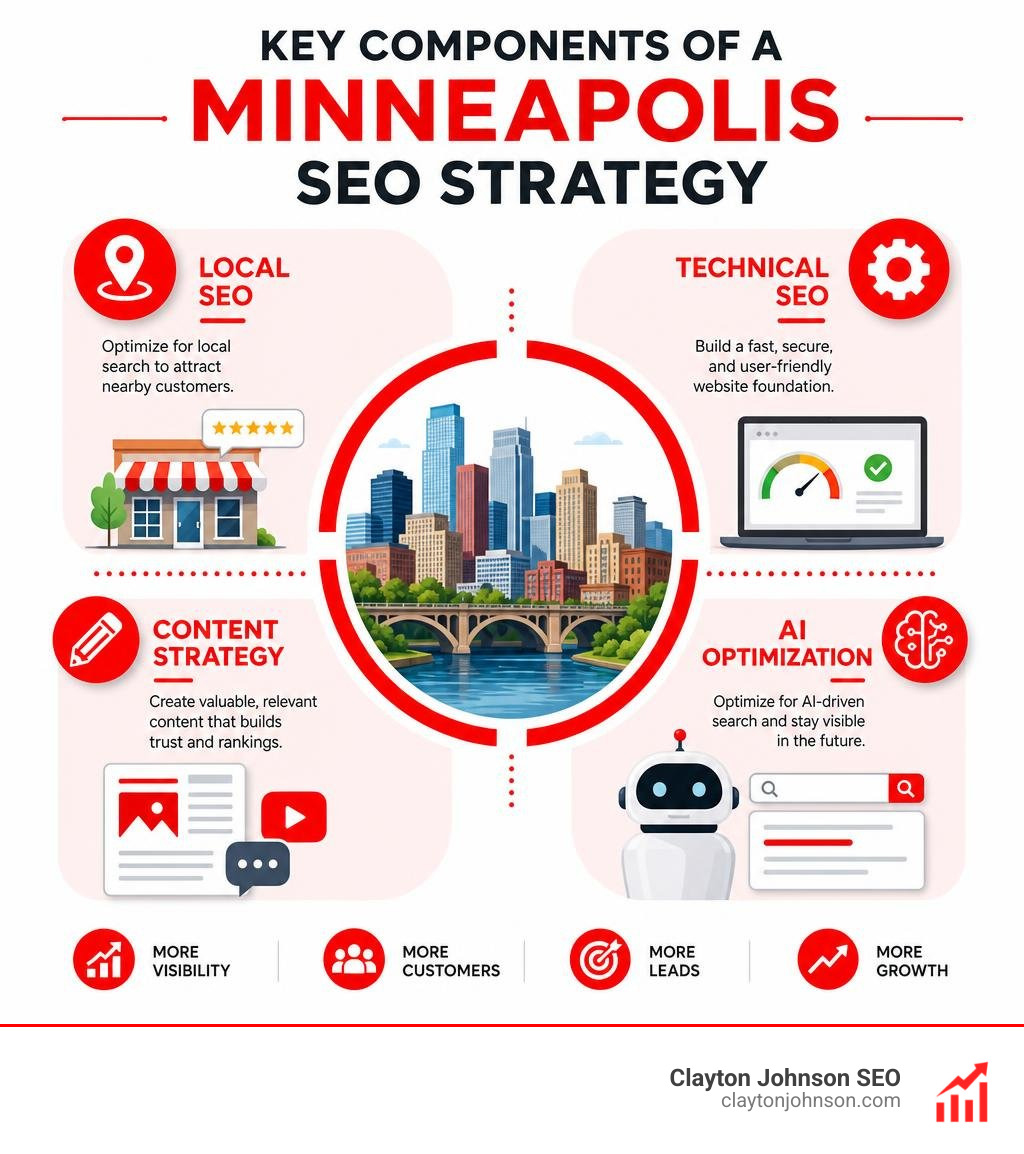 Key components of a Minneapolis SEO strategy including local SEO, technical SEO, content, and AI optimization infographic Key components of a Minneapolis SEO strategy including local SEO, technical SEO, content, and AI optimization infographic