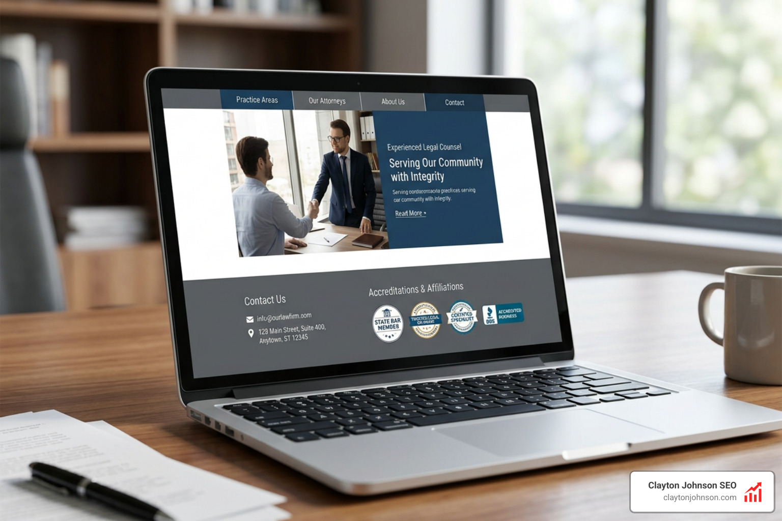Credentials and trust badges on a law firm website homepage to build E-E-A-T