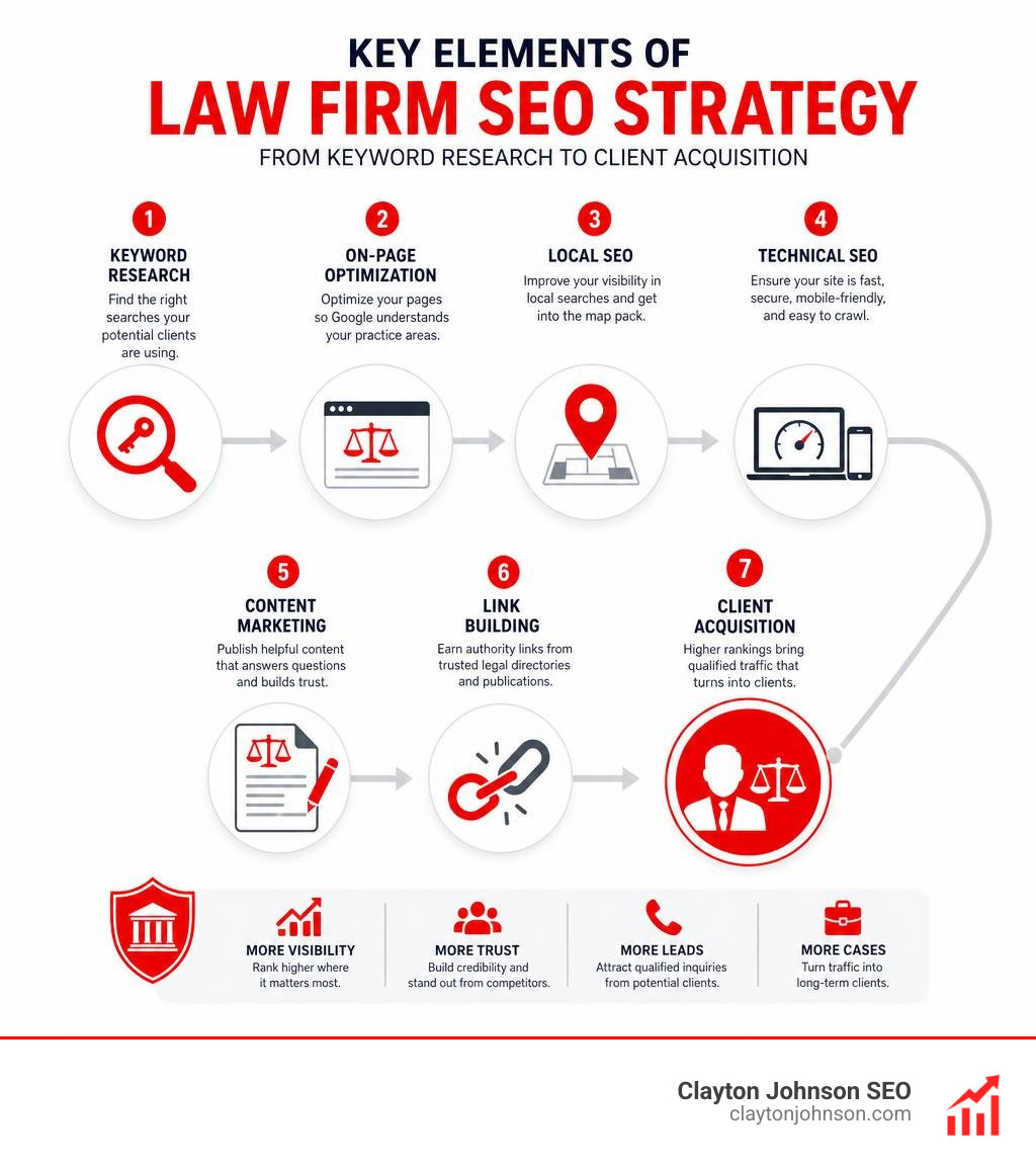 Key elements of law firm SEO strategy from keyword research to client acquisition infographic
