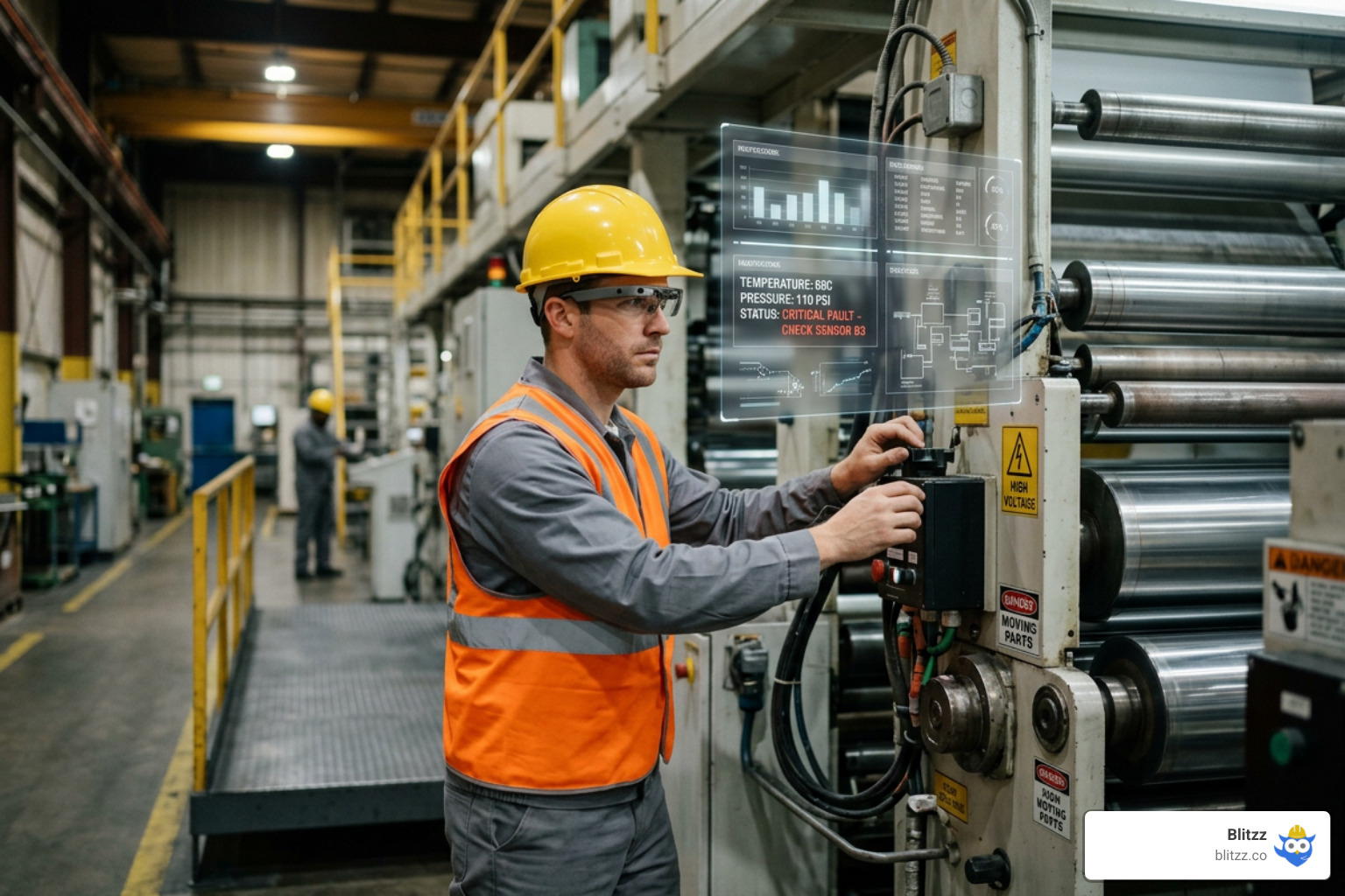 Field technician using AR smart glasses to troubleshoot industrial machinery