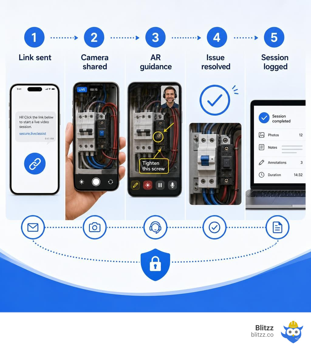 Visual remote assistance workflow: link sent, camera shared, AR guidance, issue resolved, session logged infographic