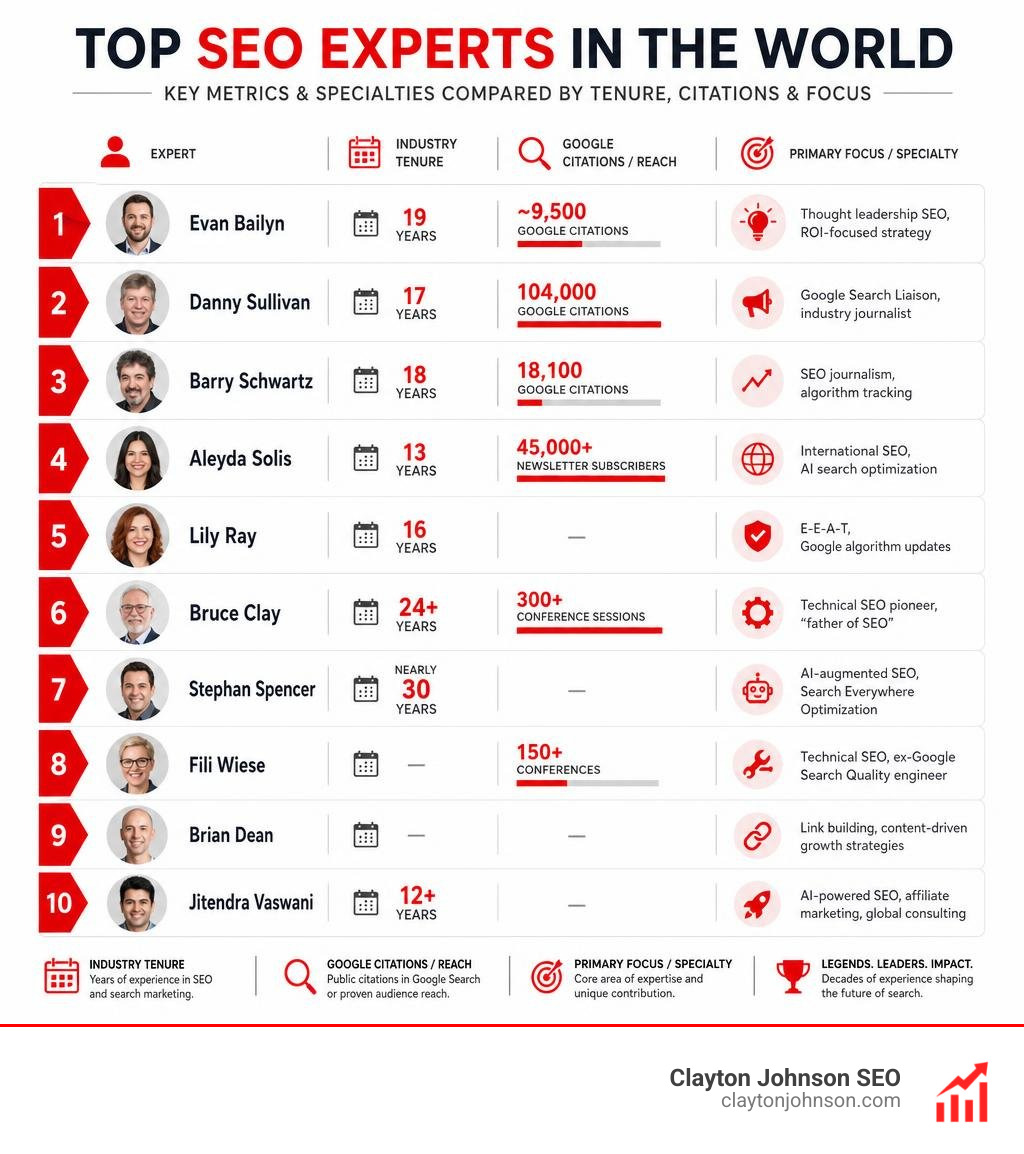 Key metrics and specialties of the top SEO experts in the world compared by tenure, citations, and focus infographic