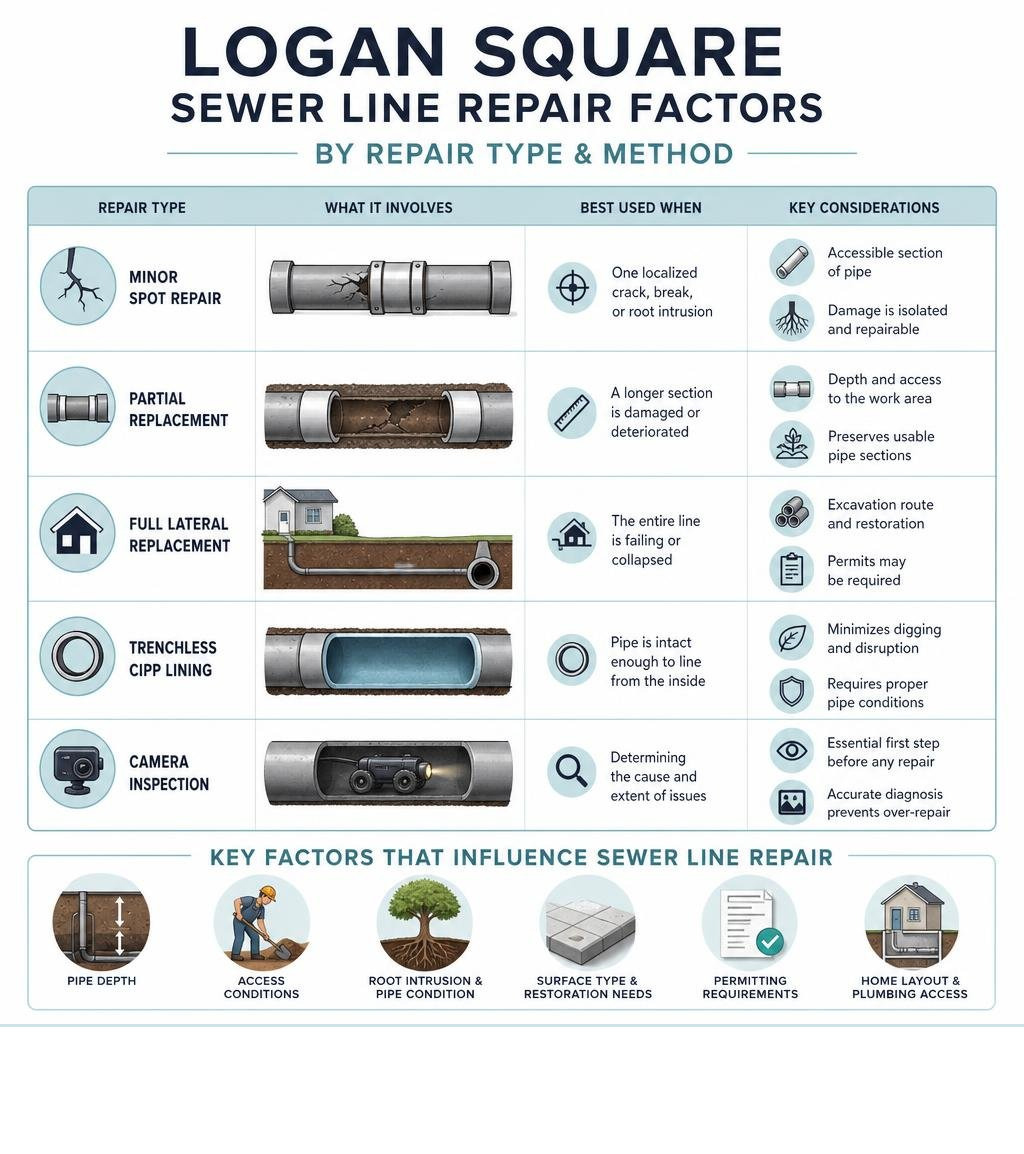 Infographic showing Logan Square sewer line repair factors by repair type and method without pricing infographic Infographic showing Logan Square sewer line repair factors by repair type and method without pricing infographic
