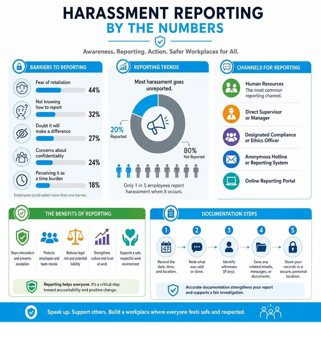 Harassment reporting statistics infographic showing barriers, reporting trends, channels for reporting, benefits, and Harassment reporting statistics infographic showing barriers, reporting trends, channels for reporting, benefits, and