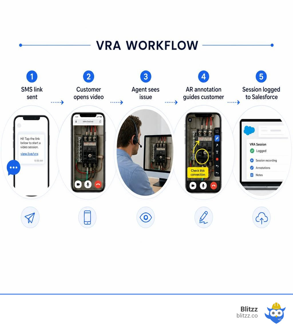 VRA workflow: SMS link sent, customer opens video, agent sees issue, AR annotation, session logged to Salesforce infographic