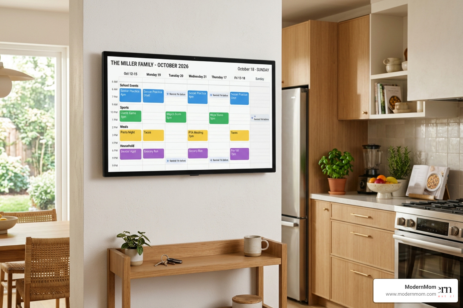 Modern 2026 digital family calendar displayed in a kitchen Modern 2026 digital family calendar displayed in a kitchen