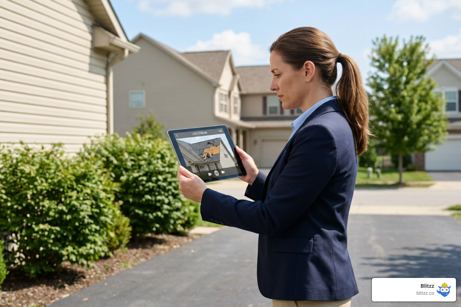 An insurance claims adjuster inspecting property damage remotely via a live video stream