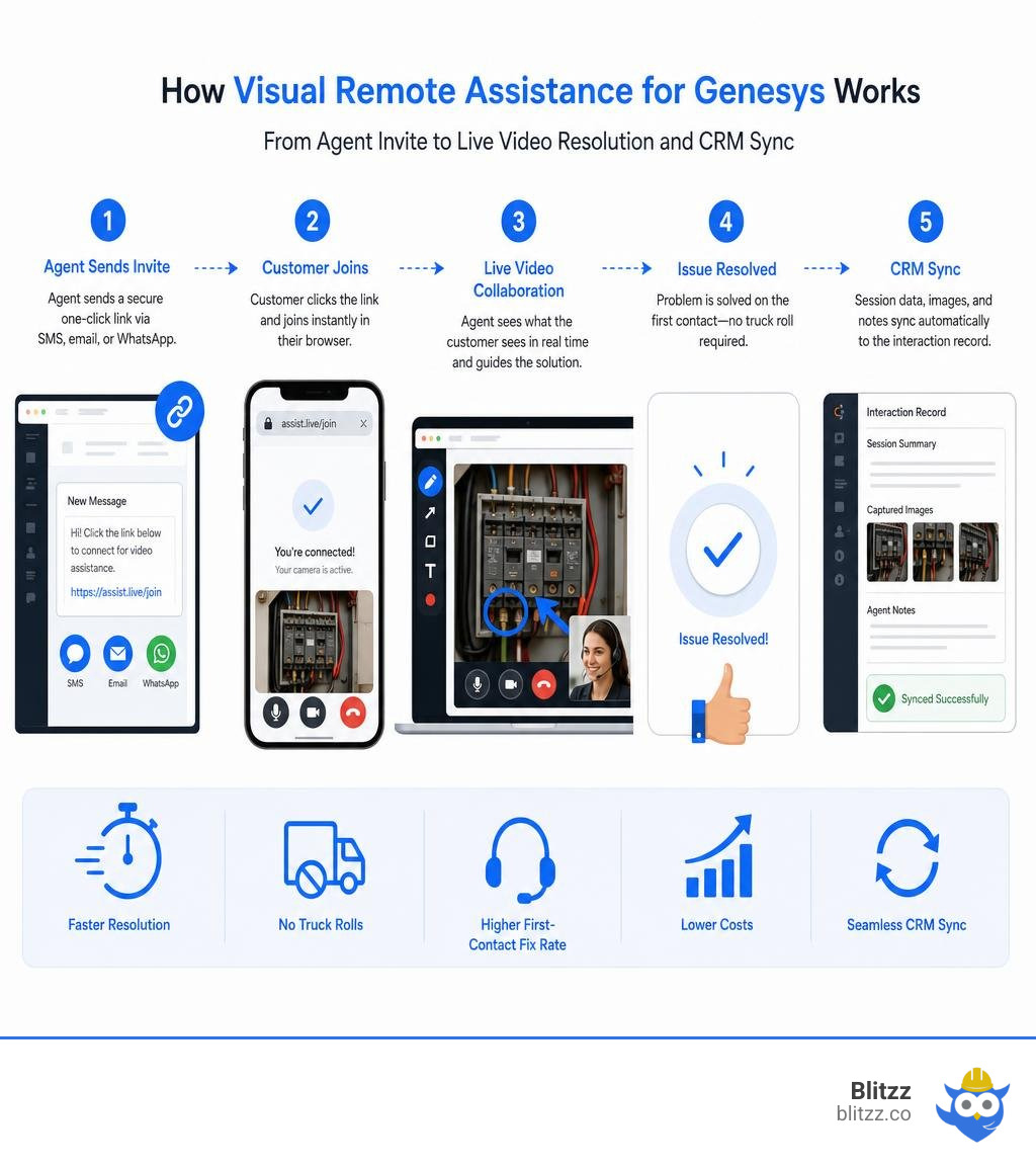 How visual remote assistance for Genesys works: from agent invite to live video resolution and CRM sync infographic