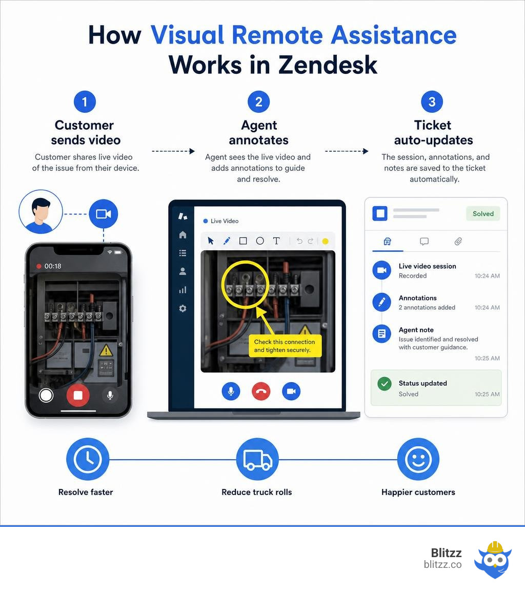 How visual remote assistance works in Zendesk: customer sends video, agent annotates, ticket auto-updates infographic How visual remote assistance works in Zendesk: customer sends video, agent annotates, ticket auto-updates infographic