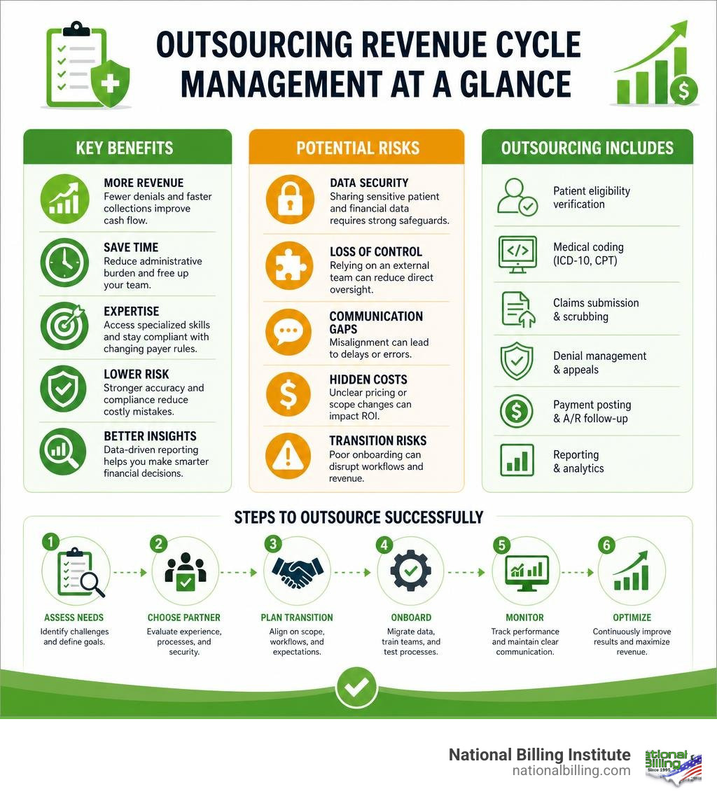 Key benefits, risks, and steps for outsourcing revenue cycle management at a glance infographic Key benefits, risks, and steps for outsourcing revenue cycle management at a glance infographic