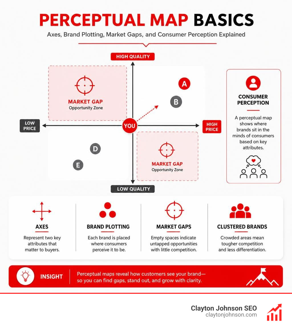 Perceptual map basics: axes, brand plotting, market gaps, and consumer perception explained infographic