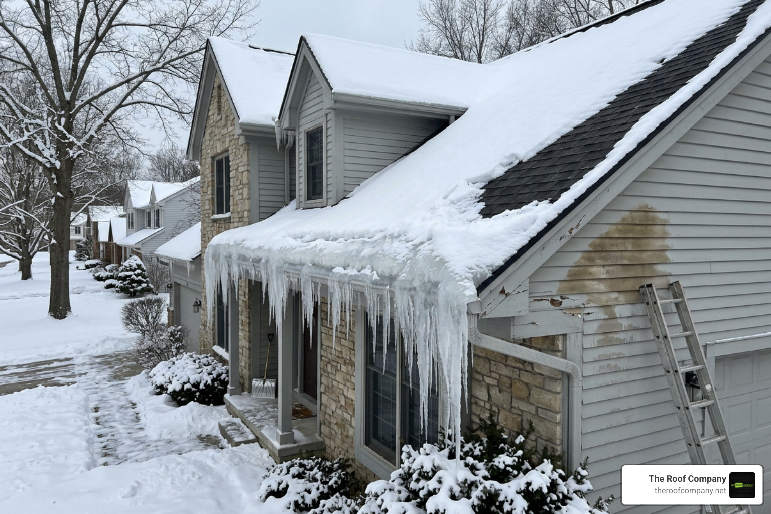 Heavy ice dam buildup along the eaves of a residential roof in Michigan winter
