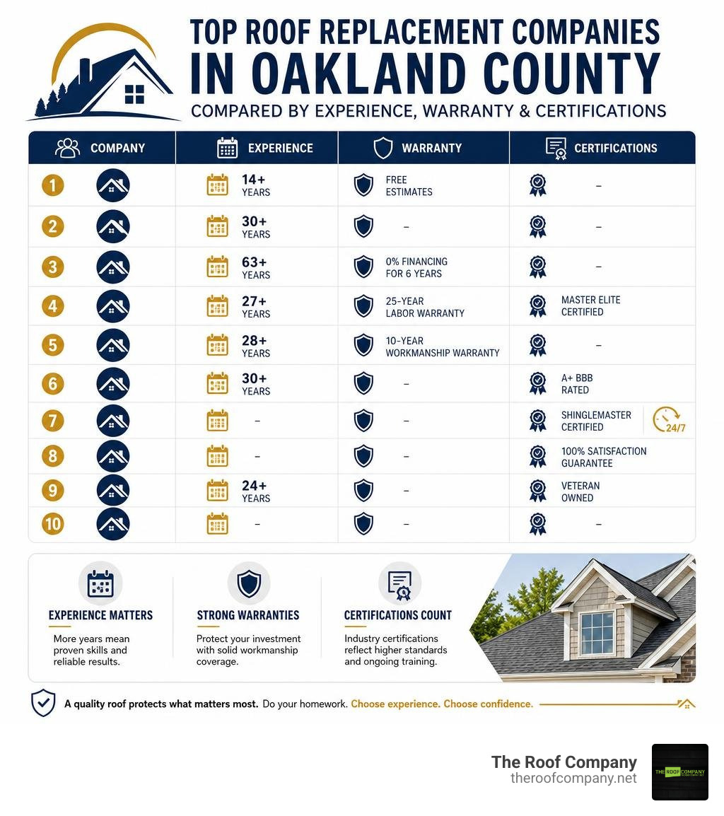 Top roof replacement companies in Oakland County compared by experience, warranty, and certifications infographic