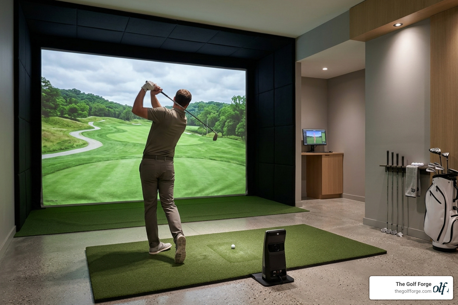 The Golf Forge indoor simulator bay featuring Foresight Falcon launch monitor technology