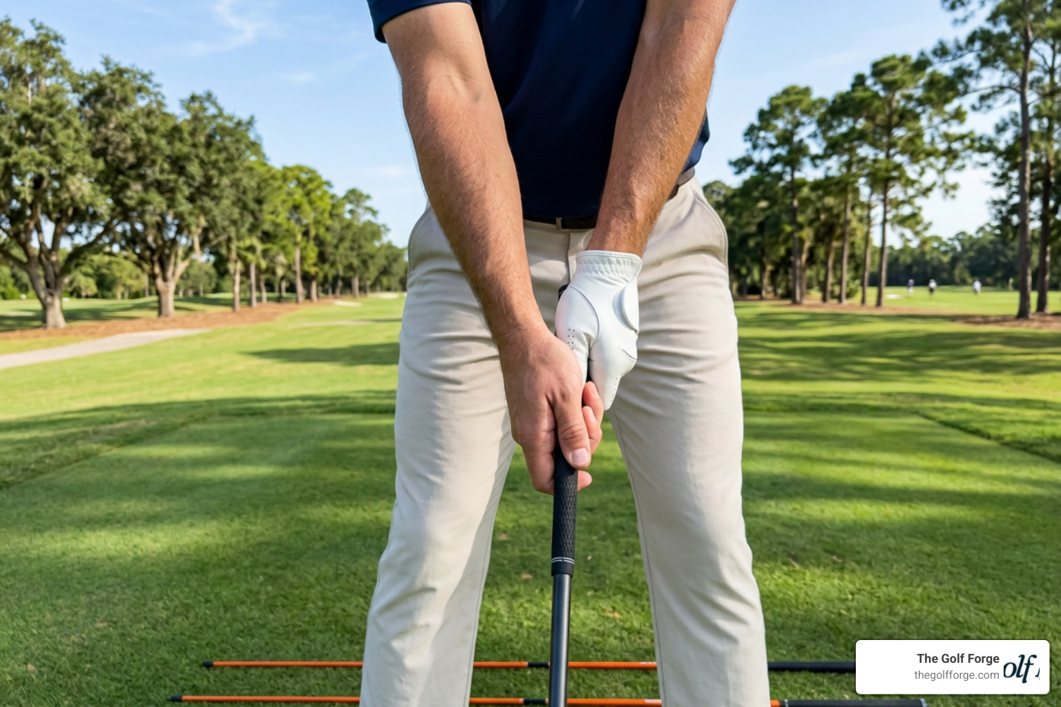 Proper golf setup showing grip alignment and parallel stance lines