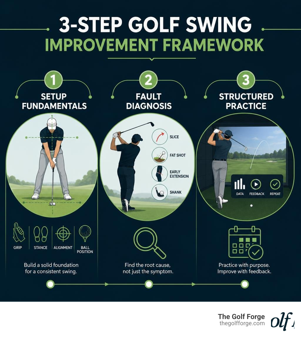 3-step golf swing improvement framework: Setup Fundamentals, Fault Diagnosis, Structured Practice infographic