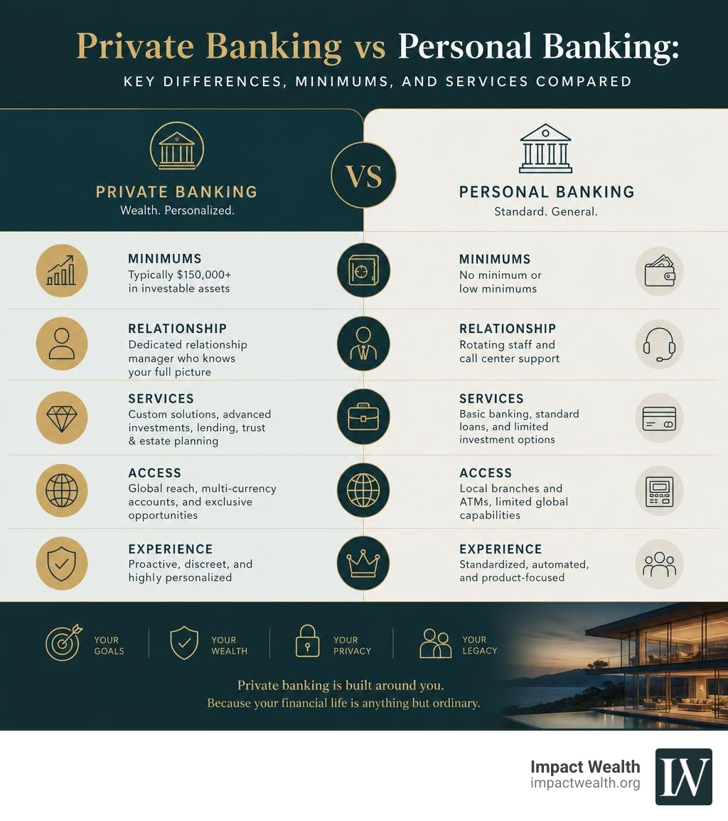 Private banking vs personal banking: key differences, minimums, and services compared infographic Private banking vs personal banking: key differences, minimums, and services compared infographic