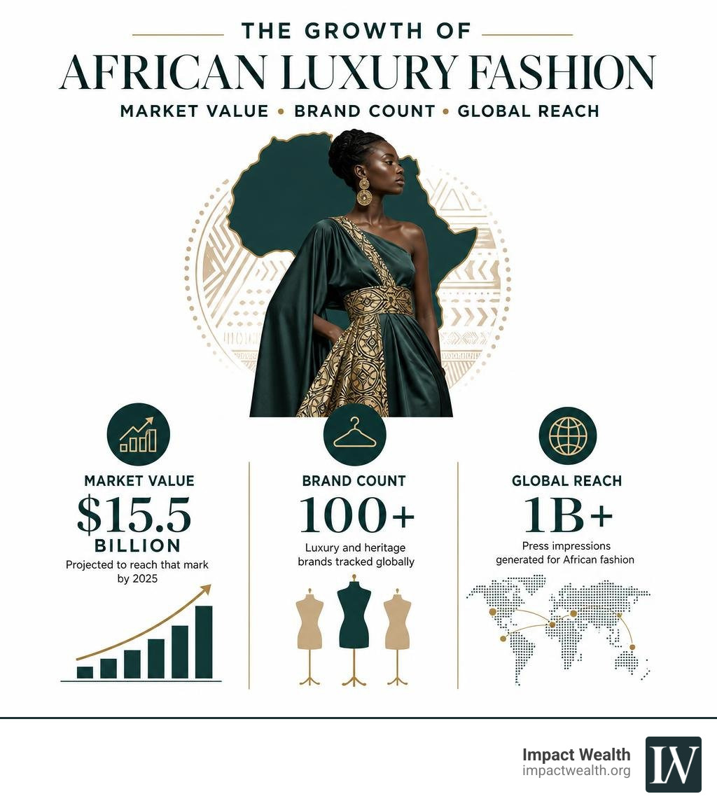 Growth of the African luxury fashion industry: market value, brand count, and global reach infographic Growth of the African luxury fashion industry: market value, brand count, and global reach infographic