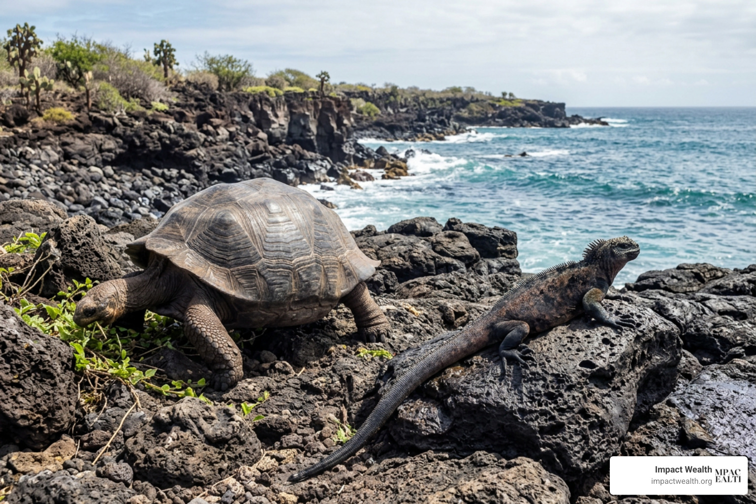 Galapagos giant tortoise and marine iguana in their natural habitat Galapagos giant tortoise and marine iguana in their natural habitat