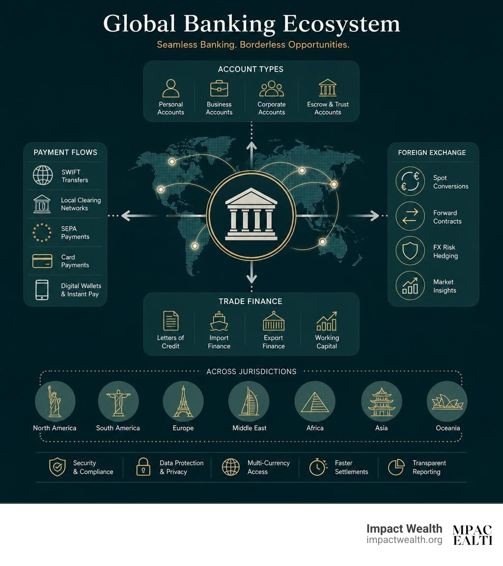 Global banking ecosystem showing payment flows, account types, FX, and trade finance across jurisdictions infographic Global banking ecosystem showing payment flows, account types, FX, and trade finance across jurisdictions infographic