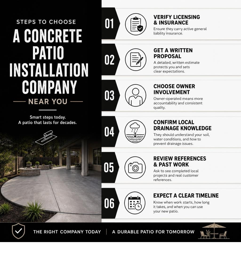 Steps to choose a concrete patio installation company near you, from licensing to drainage to written proposals infographic