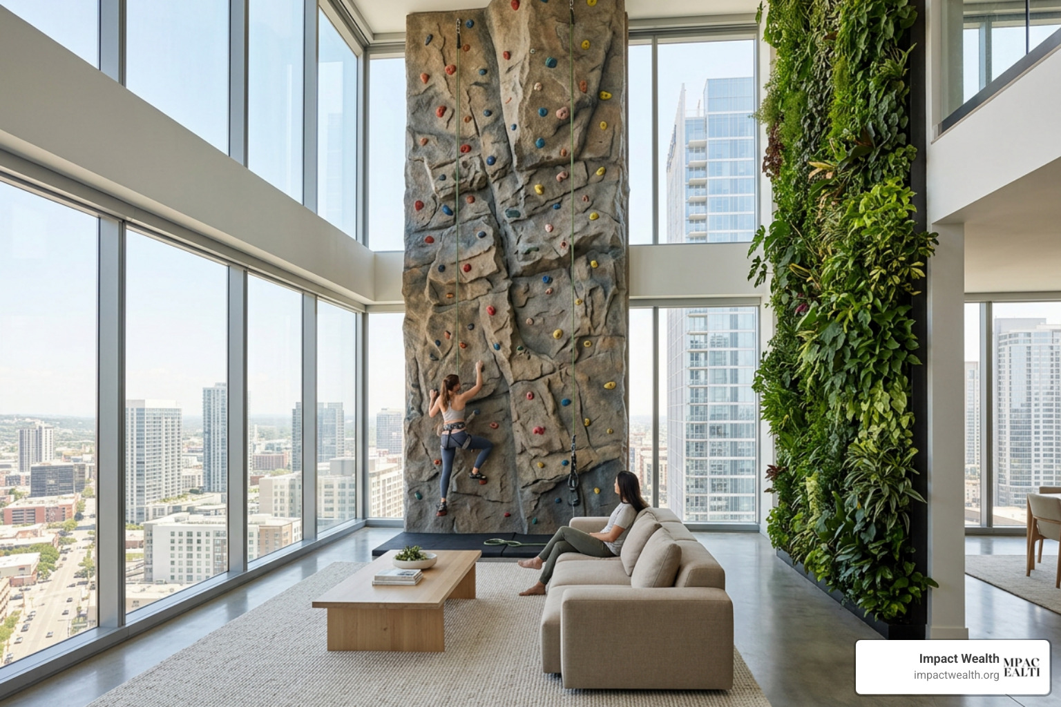 Indoor rock-climbing wall and living green wall in high-rise interior Indoor rock-climbing wall and living green wall in high-rise interior